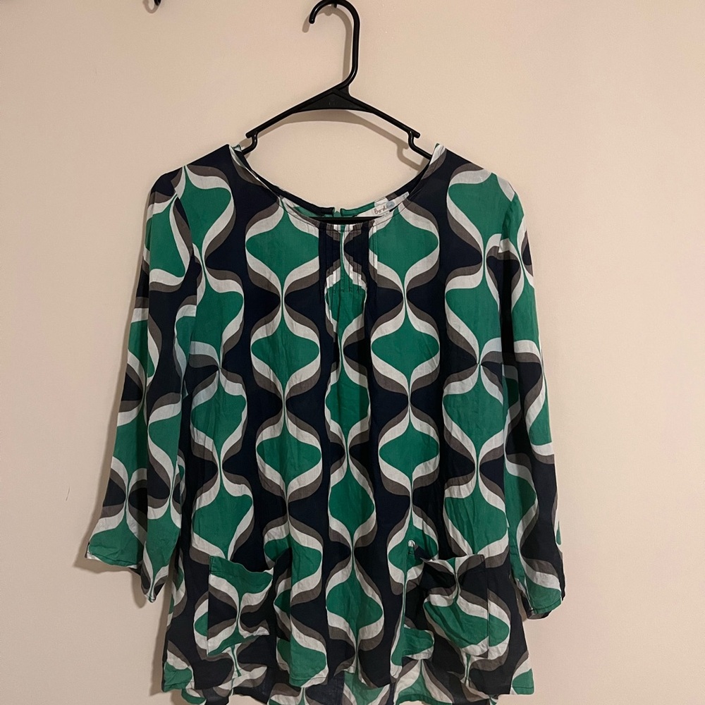 Women’s Boden Verdant Retro Green & Navy Print Blouse Size 12